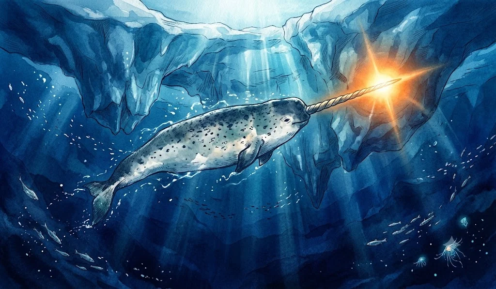 氷海を泳ぐイッカク。角の先に灯りがともる水彩イラスト